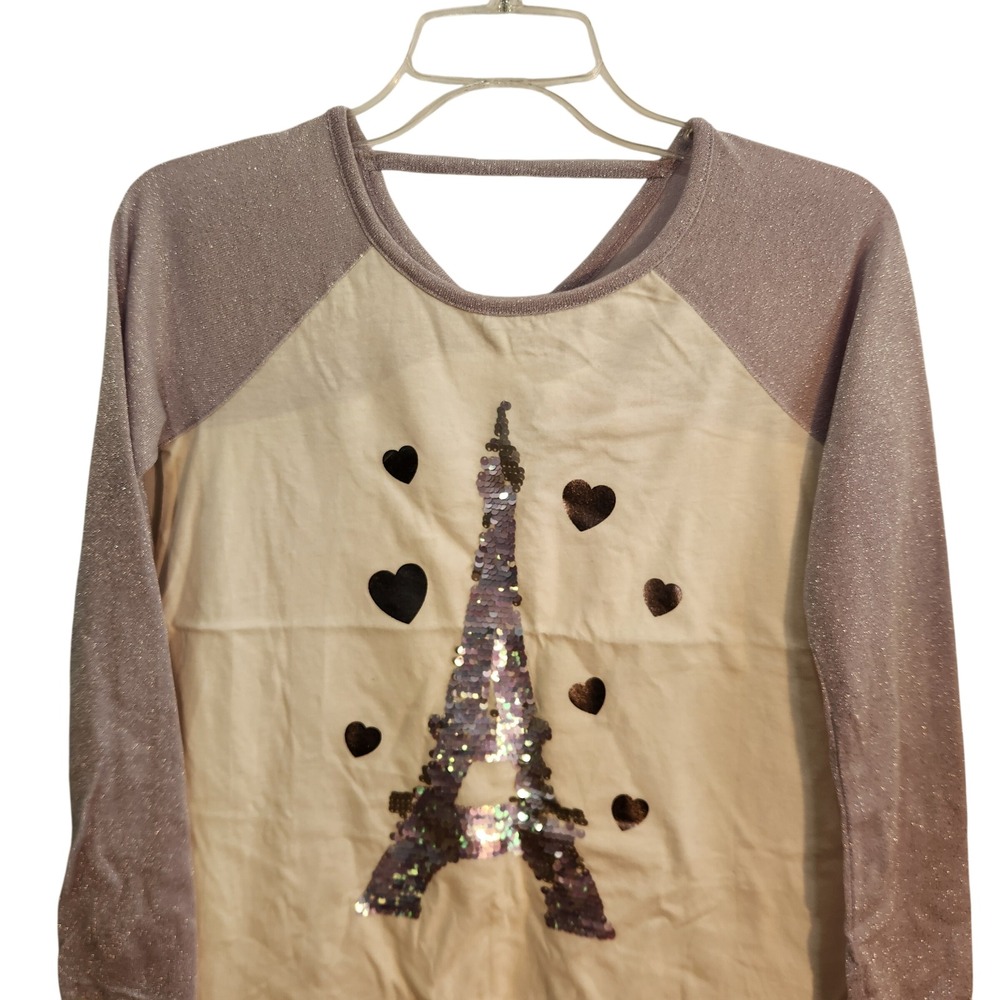 Justice Girls‎ Size 12 Top Long Sleeve Paris Eiffel Tower Hearts Sequined  New